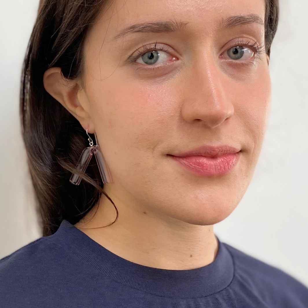 Angle Earrings | Pink | Wearing Glass