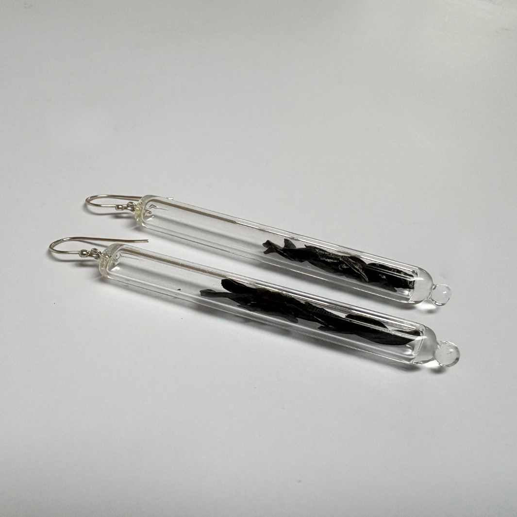 Vial Earrings - Harakeke Seeds - Wearing Glass