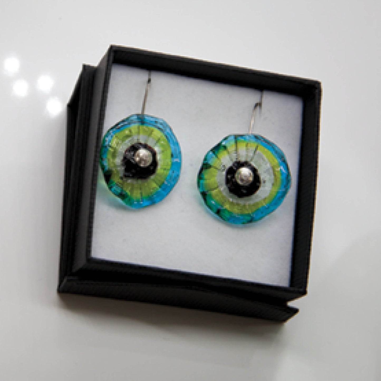Amoeba Earrings | Teal | Wearing Glass
