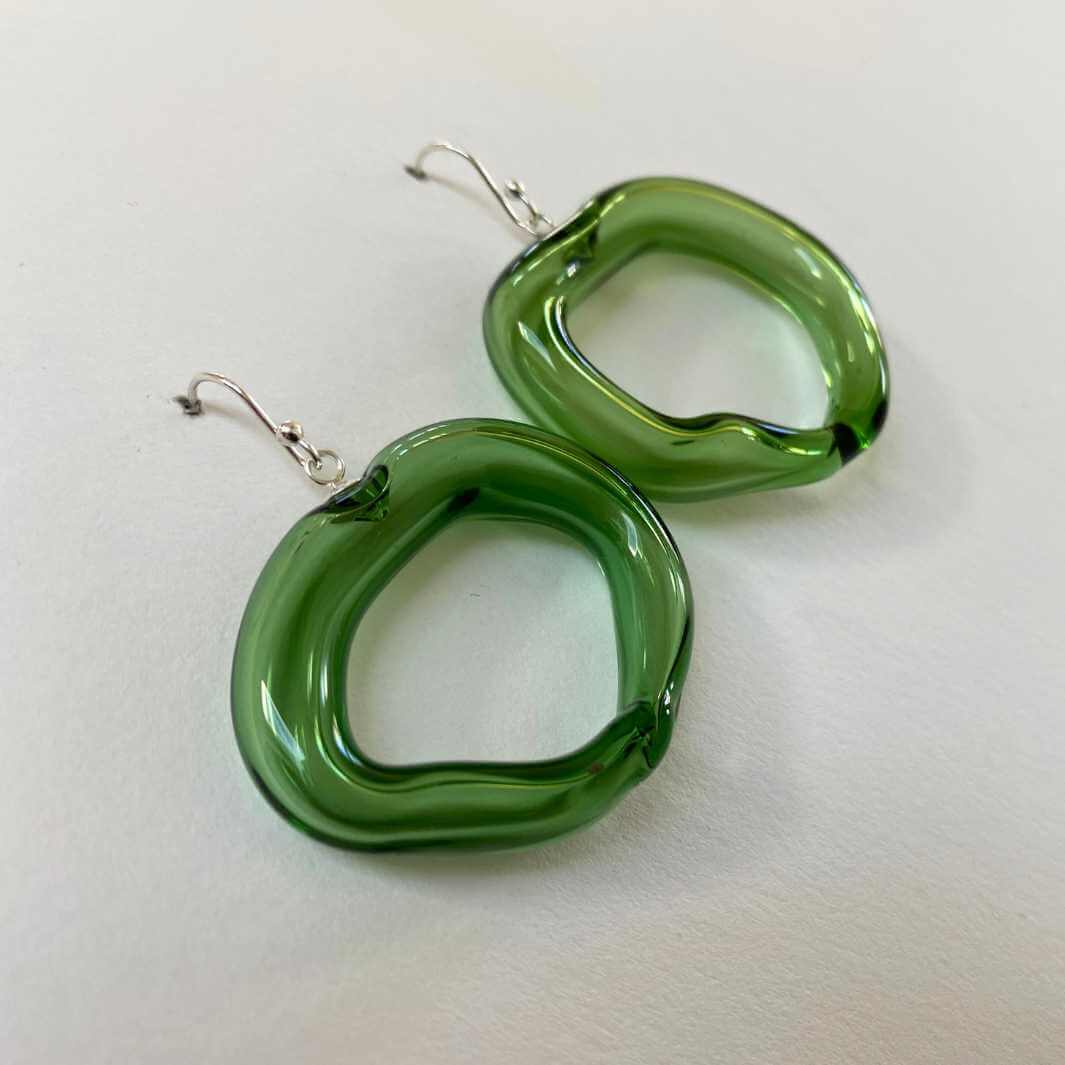 Hollow Loop Earrings | Green | Wearing Glass
