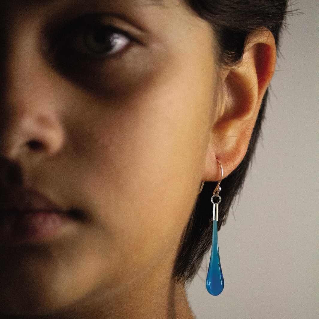 Droplet Earrings | Teal | Wearing Glass