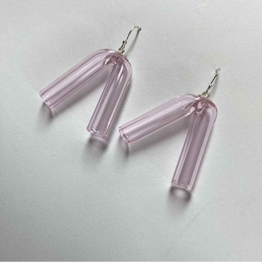 Angle Earrings | Pink | Wearing Glass