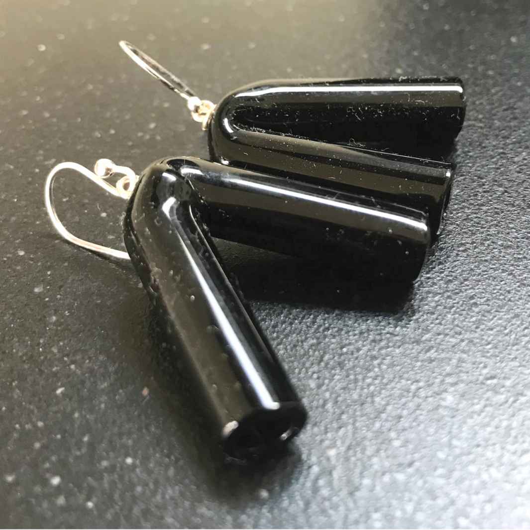 Angle Earrings | Black | Wearing Glass
